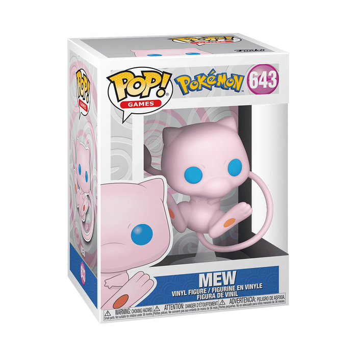 Funko POP! Pokemon: Mew #643 by Funko comes in its original box, featuring the cute pink, cat-like Pokémon with big blue eyes. This must-have collectible is visible through the clear window on the front and side of the packaging—perfect for any fan or collector.