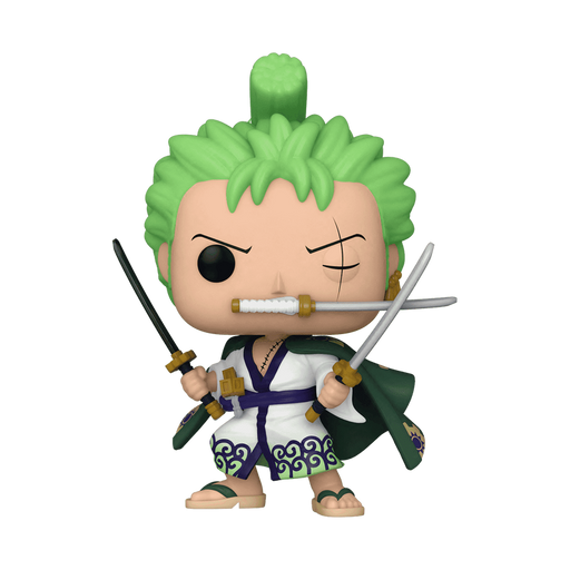 Funko POP! One Piece: Roronoa Zoro (#923) vinyl figure by Funko, featuring the green-haired swordsman in a white robe with green trim and sandals, striking a battle pose with three swords.