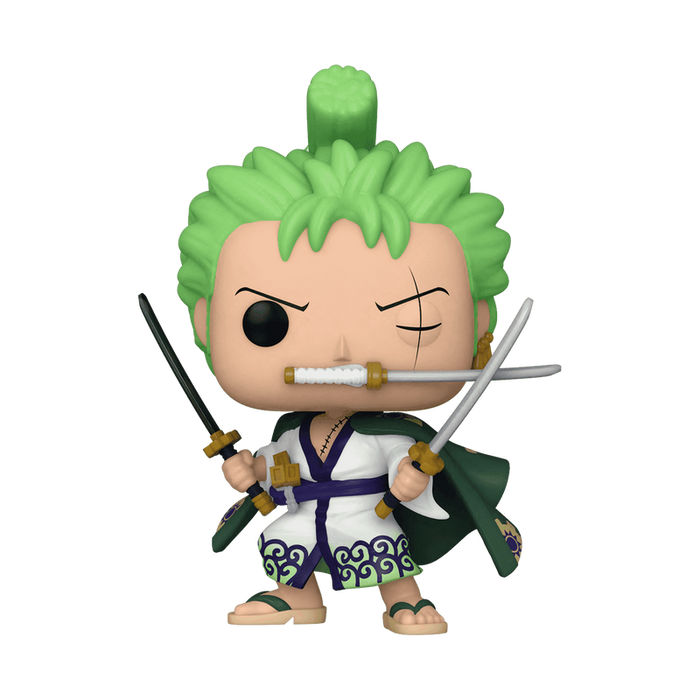 Funko POP! One Piece: Roronoa Zoro (#923) vinyl figure by Funko, featuring the green-haired swordsman in a white robe with green trim and sandals, striking a battle pose with three swords.