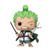 Funko POP! One Piece: Roronoa Zoro (#923) vinyl figure by Funko, featuring the green-haired swordsman in a white robe with green trim and sandals, striking a battle pose with three swords.