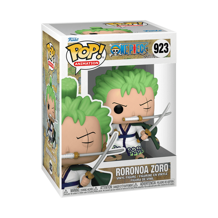 The Funko POP! One Piece: Roronoa Zoro - #923 vinyl figure by Funko features Roronoa Zoro with green hair, holding three swords in a dynamic fighting pose.