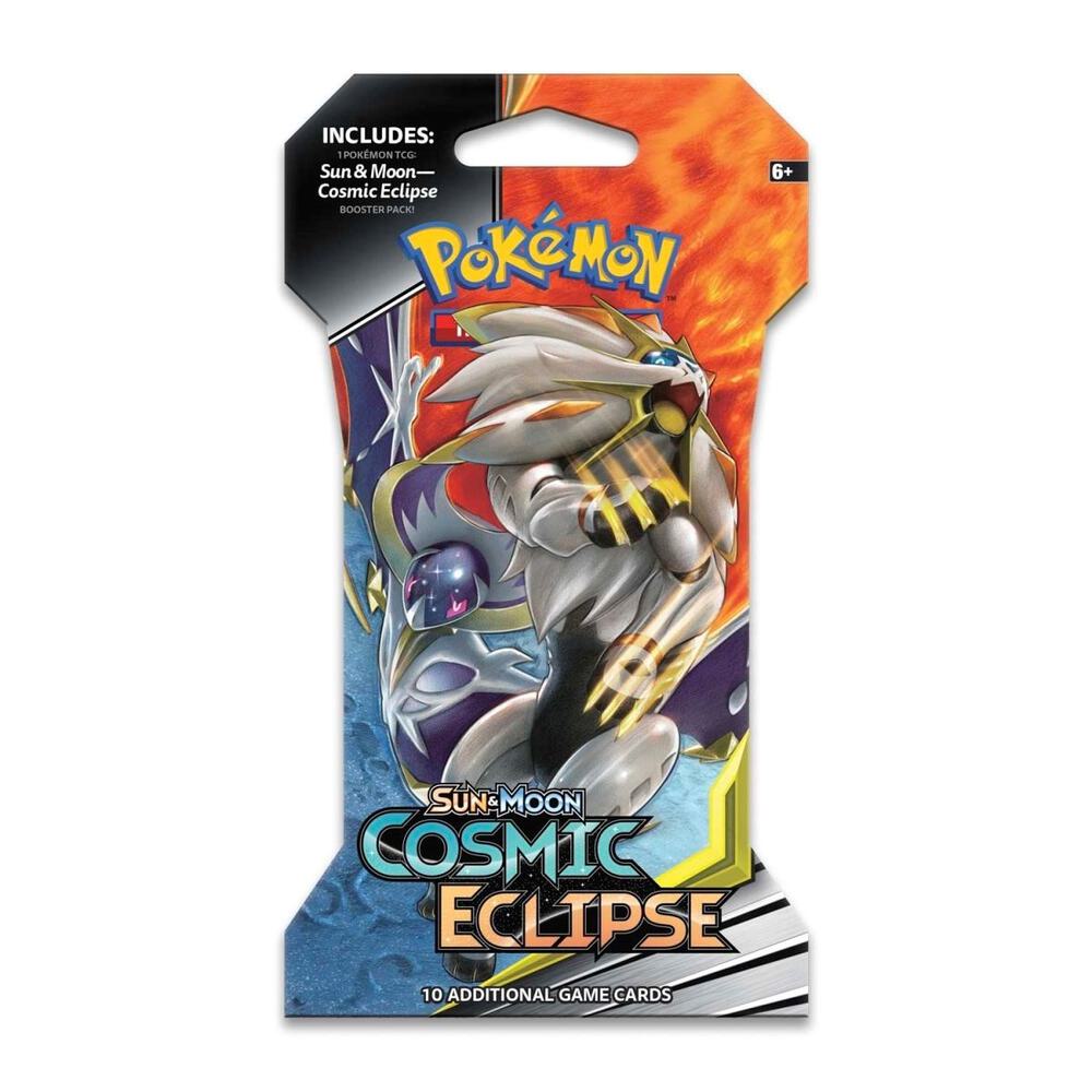 A Pokémon TCG: Cosmic Eclipse Sleeved Booster Pack featuring Solgaleo and Lunala against a celestial background.