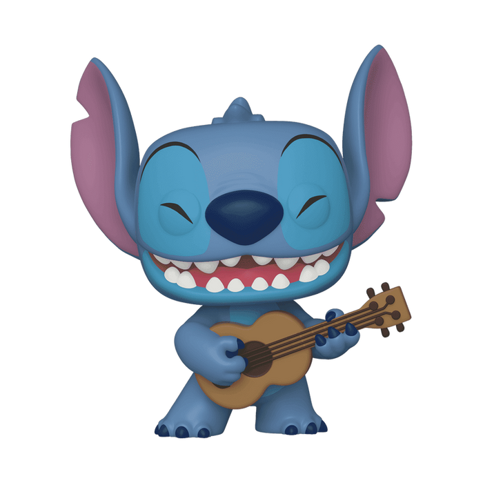 The Funko POP! Disney: Stitch with Ukulele - #1044 by Funko features Stitch, the blue alien from Disney’s Lilo & Stitch, in a playful and joyful pose, smiling while playing a brown ukulele. The collectible vinyl figure showcases his large ears and wide eyes characteristic of the beloved character.