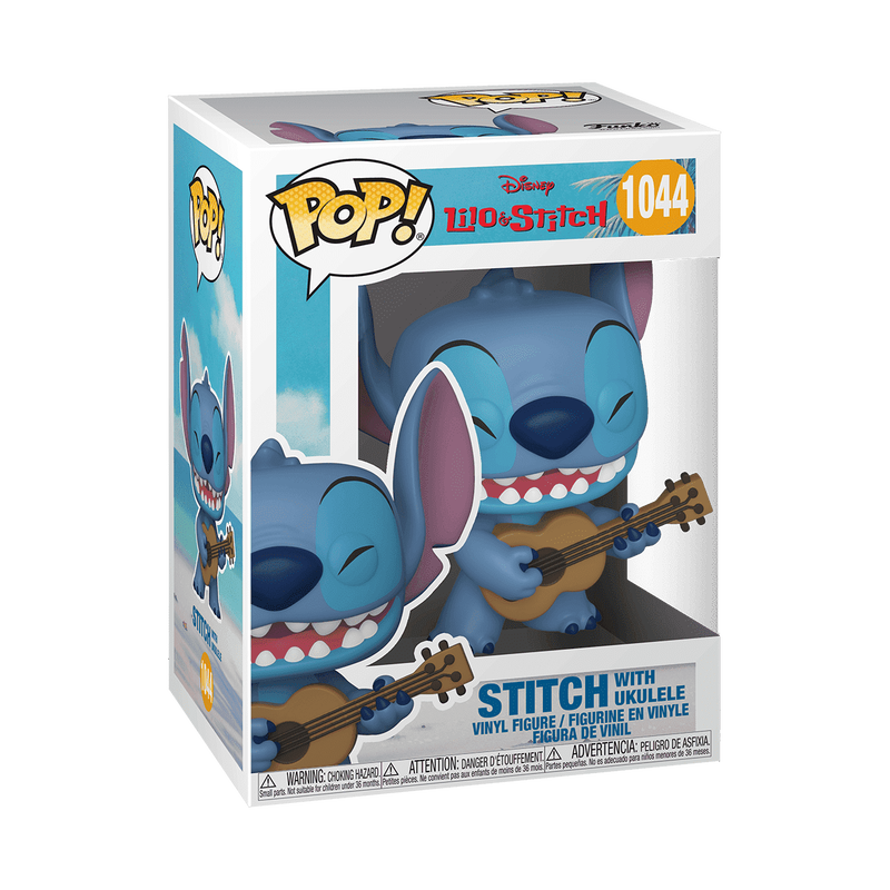 The Funko POP! Disney: Stitch with Ukulele - #1044 by Funko features Stitch, the blue alien from Disney’s Lilo & Stitch, in a playful and joyful pose, smiling while playing a brown ukulele. The collectible vinyl figure showcases his large ears and wide eyes characteristic of the beloved character.