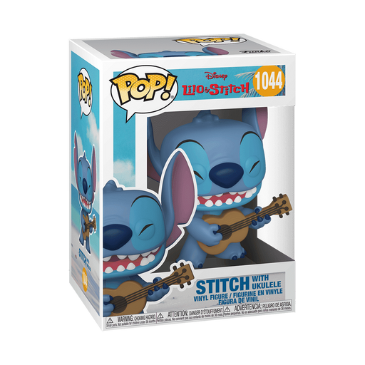 Funko POP! Disney: Stitch with Ukulele - #1044 by Funko, featuring Stitch from Lilo & Stitch holding a ukulele, comes in its original box with a clear plastic front.