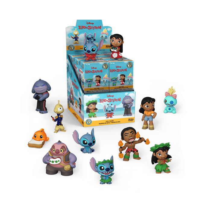 Assorted Funko POP! Disney: Lilo & Stitch Mystery Minis by Funko, Inc. are displayed around a vibrant box and feature beloved characters like Stitch, Lilo, and more from the Disney animated series. These charming vinyl minifigures come from the popular blind box collection, making them perfect for fans and collectors alike.