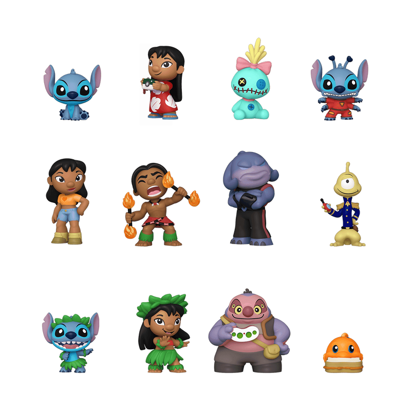 A display box of Funko POP! Disney: Lilo & Stitch Mystery Minis surrounded by several assorted character figurines.