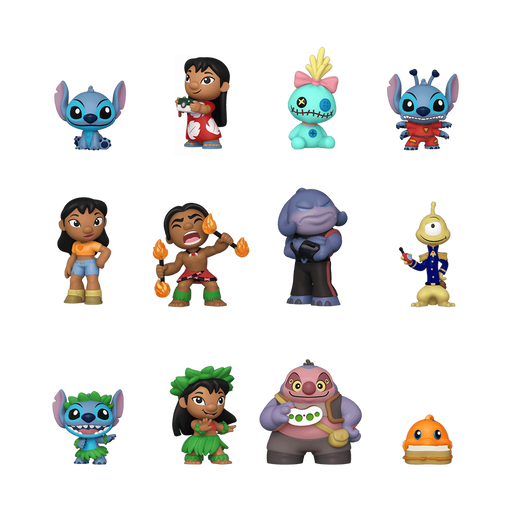 Twelve stylized cartoon figurines from the Funko POP! Disney: Lilo & Stitch Mystery Minis by Funko, Inc. stand in three rows, featuring characters like Stitch, Lilo, and Scrump in assorted colorful outfits and poses against a white background. These Disney vinyl minifigures are perfect for collectors and fans alike.