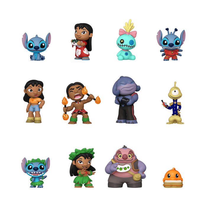 Twelve stylized cartoon figurines from the Funko POP! Disney: Lilo & Stitch Mystery Minis by Funko, Inc. stand in three rows, featuring characters like Stitch, Lilo, and Scrump in assorted colorful outfits and poses against a white background. These Disney vinyl minifigures are perfect for collectors and fans alike.