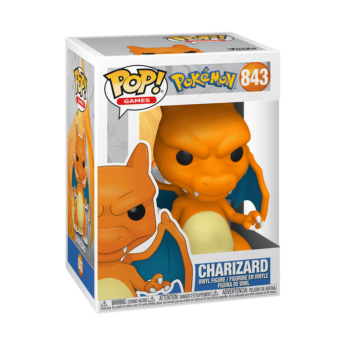Funko POP! Pokemon: Charizard - #843 vinyl figure by Funko, shown in its original box featuring a clear front window and vibrant, colorful Pokémon-themed graphics.
