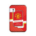 A rectangular red tin from Topps, featuring the Manchester United logo, designed with white and yellow diagonal accents and labeled as the 2026/27 Collector Tin Official Trading Cards.