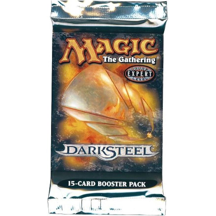 Sealed Magic: The Gathering - Darksteel Booster Pack featuring a metallic, insect-like creature and the text Darksteel and 15-Card Booster Pack.