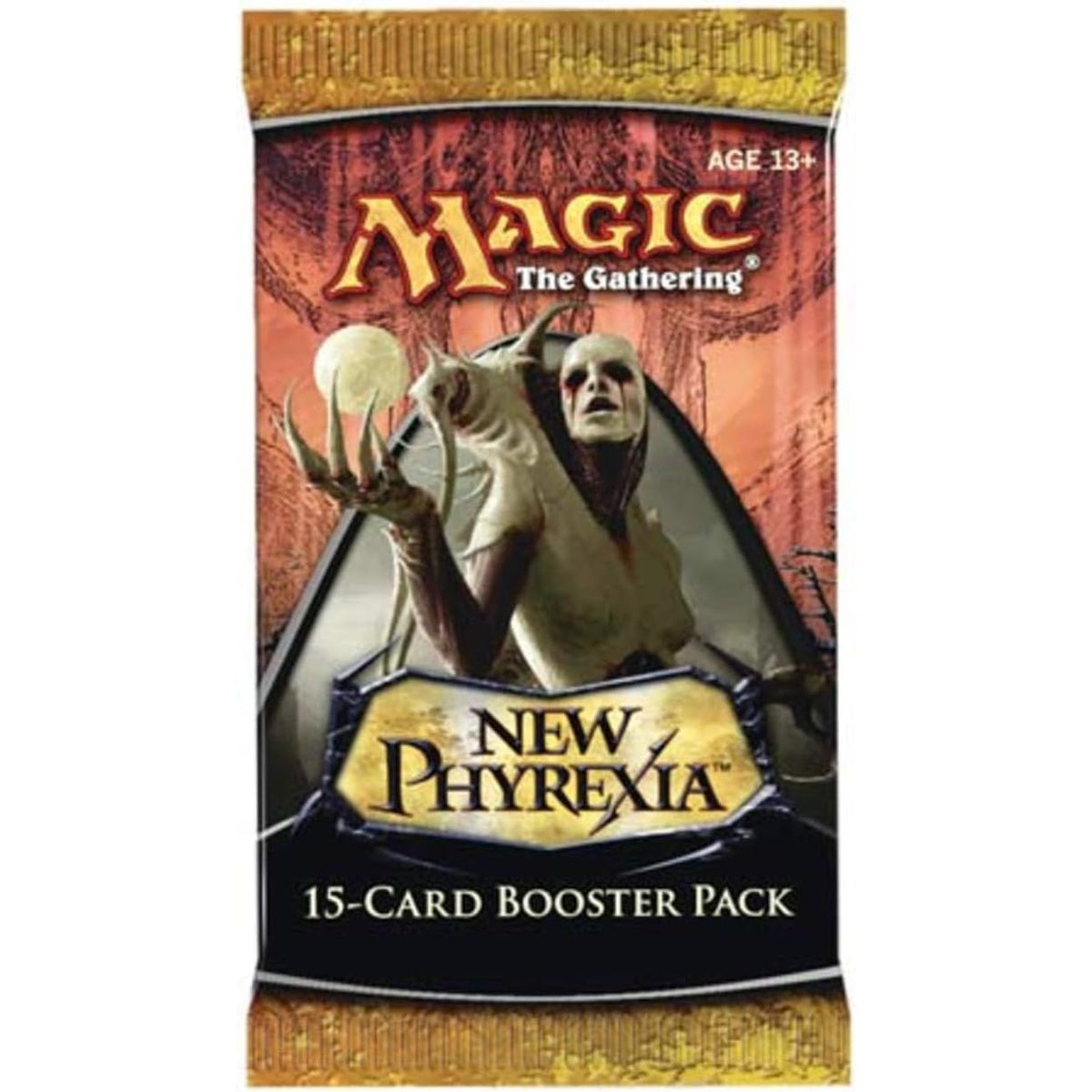 A Magic: The Gathering - New Phyrexia Booster Pack featuring a pale, multi-limbed figure with dark eyes against a dark, industrial background.
