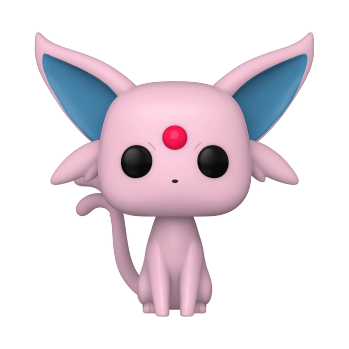 A Funko POP! Pokemon: Espeon - #884 vinyl figure by Funko, featuring Espeon—a pink, cat-like Pokémon with large blue ears, a red gem on its forehead, black eyes, and a curled tail—sitting upright against a white background.