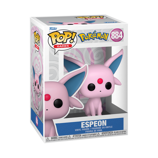 Funko POP! Pokemon: Espeon - #884 by Funko comes in a box featuring Espeon’s image and official branding. Inside, the figure depicts Espeon, a pink, cat-like Pokémon with large ears and a red gem on its forehead.