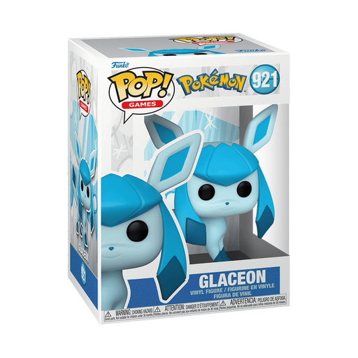 Funko POP! Pokemon: Glaceon - #921 by Funko comes in its original packaging, featuring a blue and white ice-themed background and a clear window that showcases the vinyl collectible inside—an essential addition for any Eeveelutions fan.