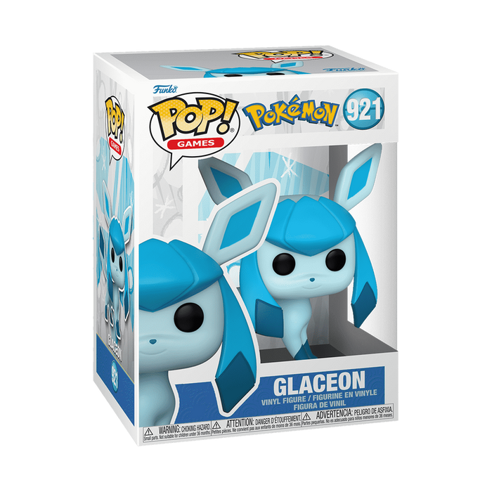 Funko POP! Pokemon: Glaceon - #921 by Funko comes in its original packaging, featuring a blue and white ice-themed background and a clear window that showcases the vinyl collectible inside—an essential addition for any Eeveelutions fan.