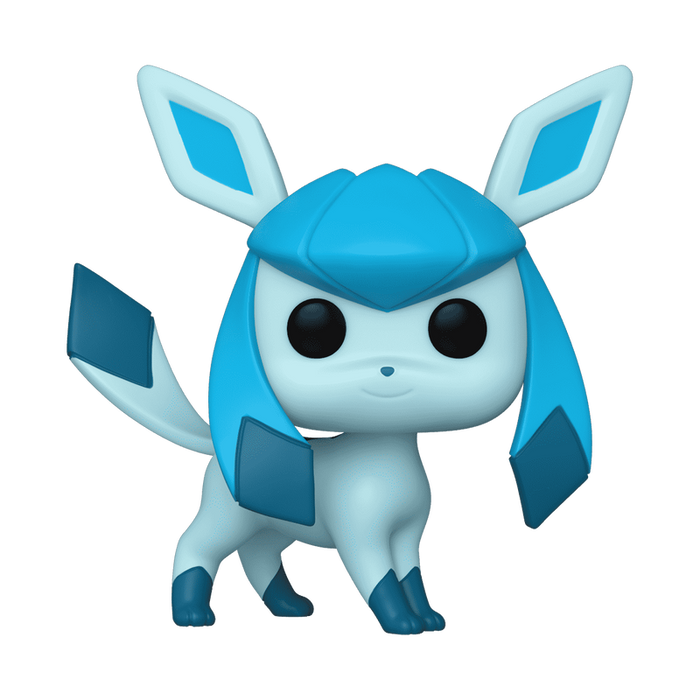 Bring home the Funko POP! Pokemon: Glaceon - #921 vinyl figure by Funko, featuring the charming light blue, fox-like Pokémon with large ears, dark blue diamond-shaped accents, and big black eyes standing on all fours—a must-have for any Eeveelutions Pokémon figurine collection.
