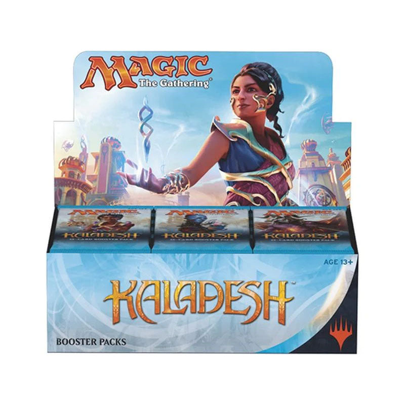 The Magic the Gathering: Kaladesh Booster Display by Wizards of the Coast includes 36 booster packs and features vivid artwork of a female character with gears and cityscapes, plus Magic: The Gathering and Kaladesh logos.