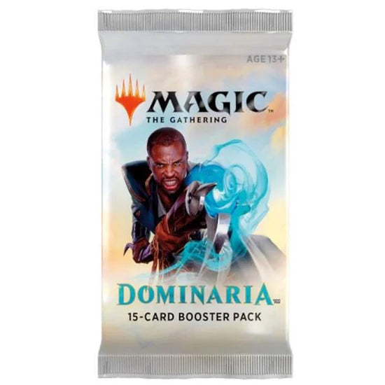 The Wizards of the Coast Magic the Gathering: Dominaria Booster Pack includes 15 cards and is labeled for ages 13+, featuring artwork of a staff-wielding character with magical energy.