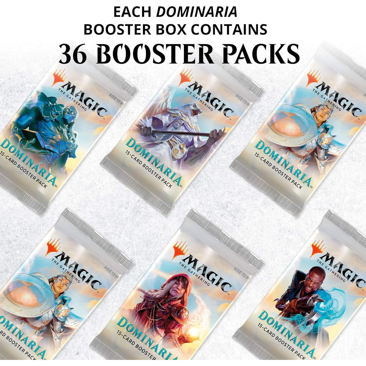The Magic the Gathering: Dominaria Booster Display by Wizards of the Coast features Draft Boosters and showcases illustrated heroes and the set's logo on its packaging.