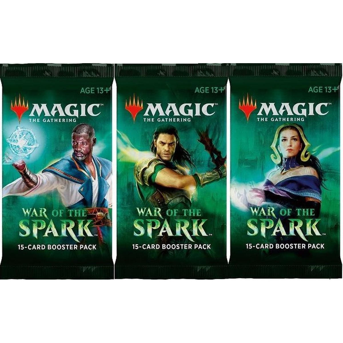 The Magic the Gathering: War of The Spark Booster Display by Wizards of the Coast features fantasy artwork of a woman in magical attire with swirling green energy and is labeled for ages 13 and up.