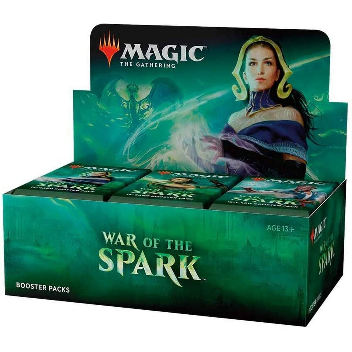 The Magic the Gathering: War of The Spark Booster Display by Wizards of the Coast features fantasy artwork of a woman in magical attire with swirling green energy and is labeled for ages 13 and up.