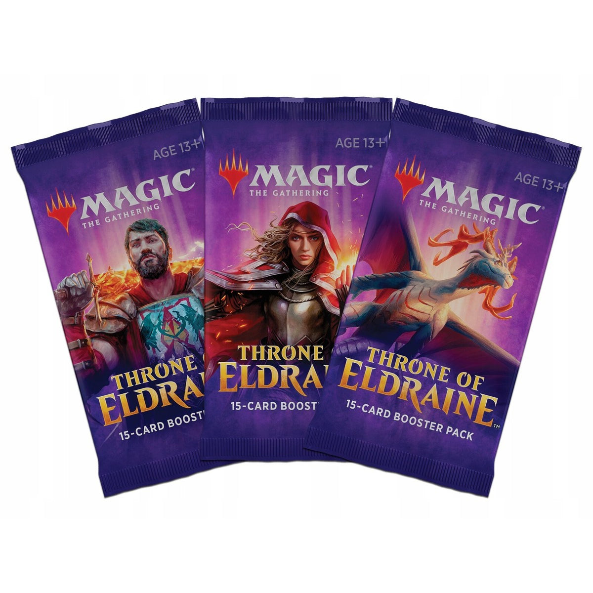 Three Wizards of the Coast Magic the Gathering: Throne of Eldraine Booster Packs, each with 15 cards and striking fantasy art on purple wrappers, are displayed side by side for an attractive presentation.