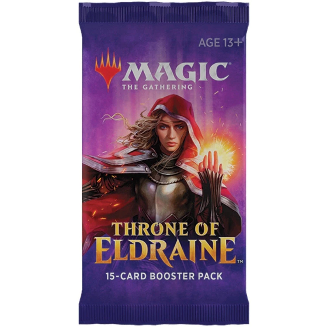 The Magic the Gathering: Throne of Eldraine Booster Pack by Wizards of the Coast contains 15 cards and is recommended for ages 13+, featuring fantasy-themed packaging.