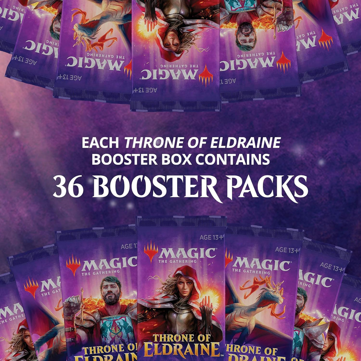 The Magic the Gathering: Throne of Eldraine Booster Display by Wizards of the Coast features fantasy art of an armored female warrior in a red cloak on its purple and gold box, containing Draft Boosters for fans and collectors.