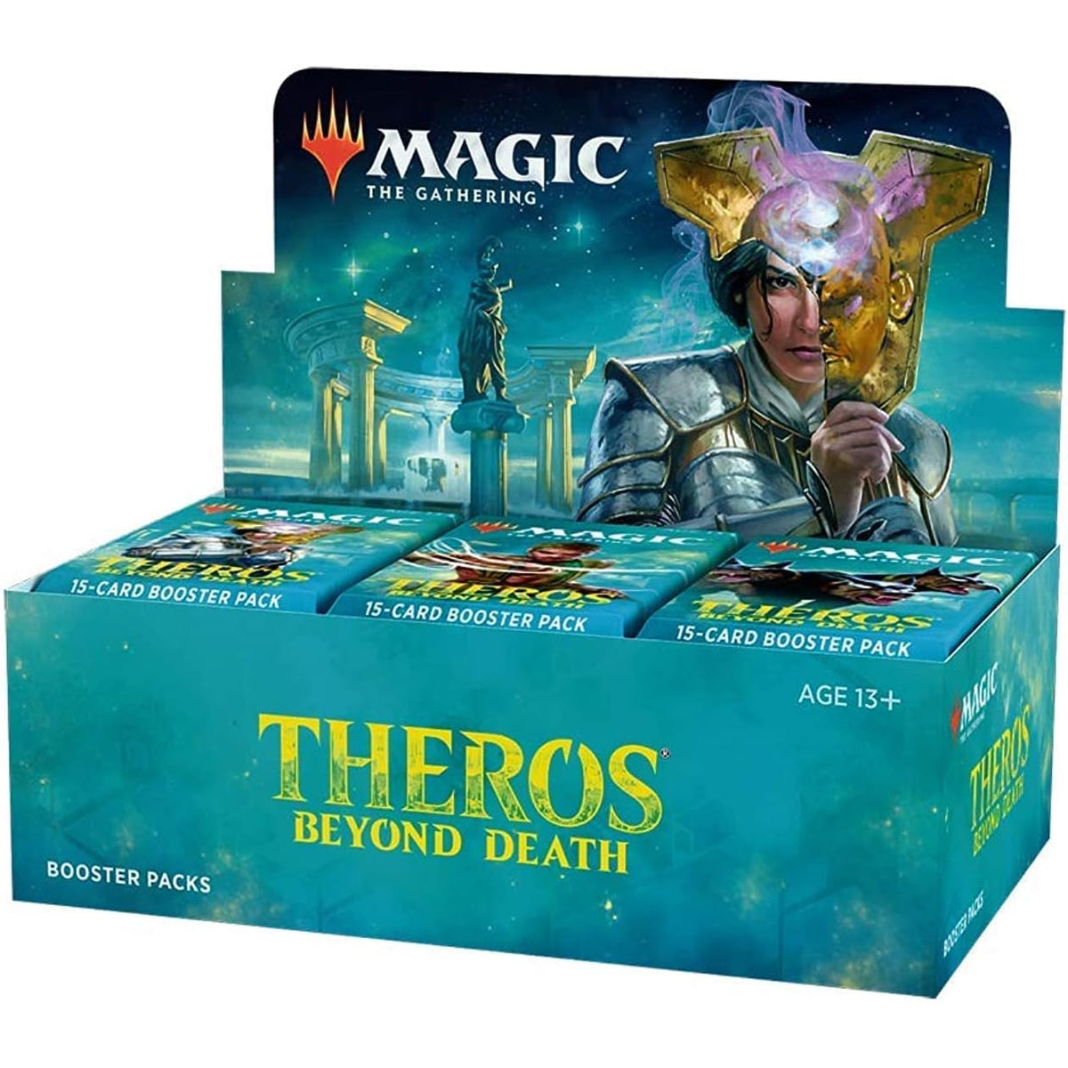 The Magic the Gathering: Theros Beyond Death Booster Display by Wizards of the Coast features fantasy artwork of a warrior with a golden mask in blue and gold tones, with the set title prominently displayed.