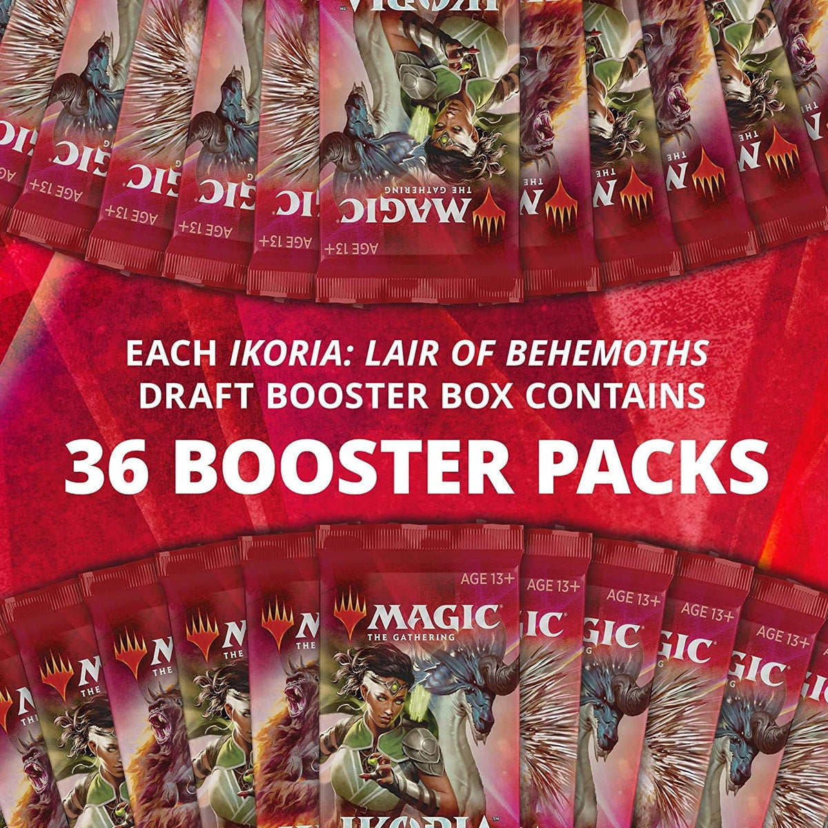 Several Magic the Gathering: Ikoria: Lair of Behemoths Hunt Booster Display packs by Wizards of the Coast are arranged in a circle on red. Center text reads: Each display contains 36 booster packs.