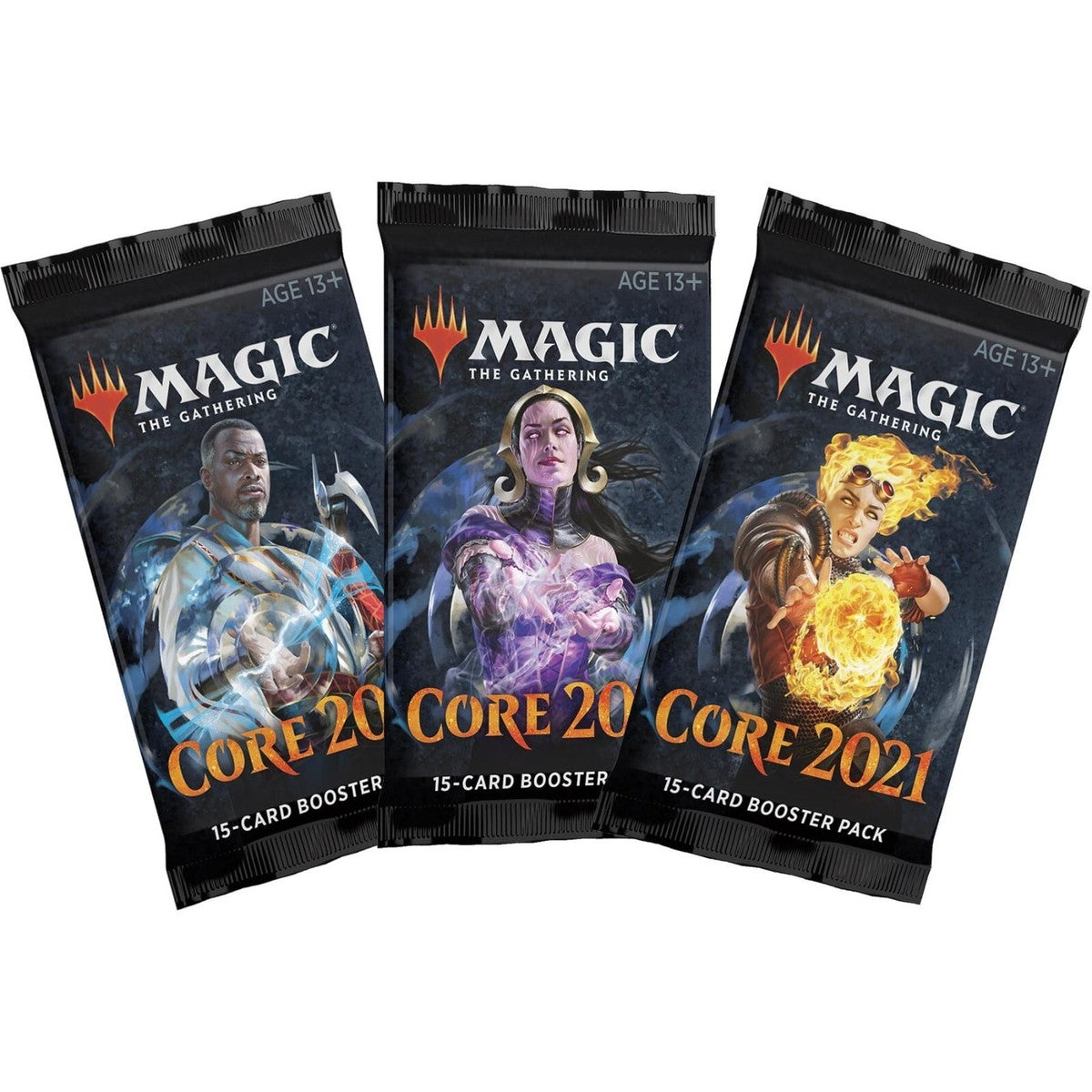The Wizards of the Coast Magic the Gathering: Core Set 2021 Booster Pack contains 15 cards and features a male character with blue energy rings. Labeled AGE 13+, it's perfect for expanding your card collection.