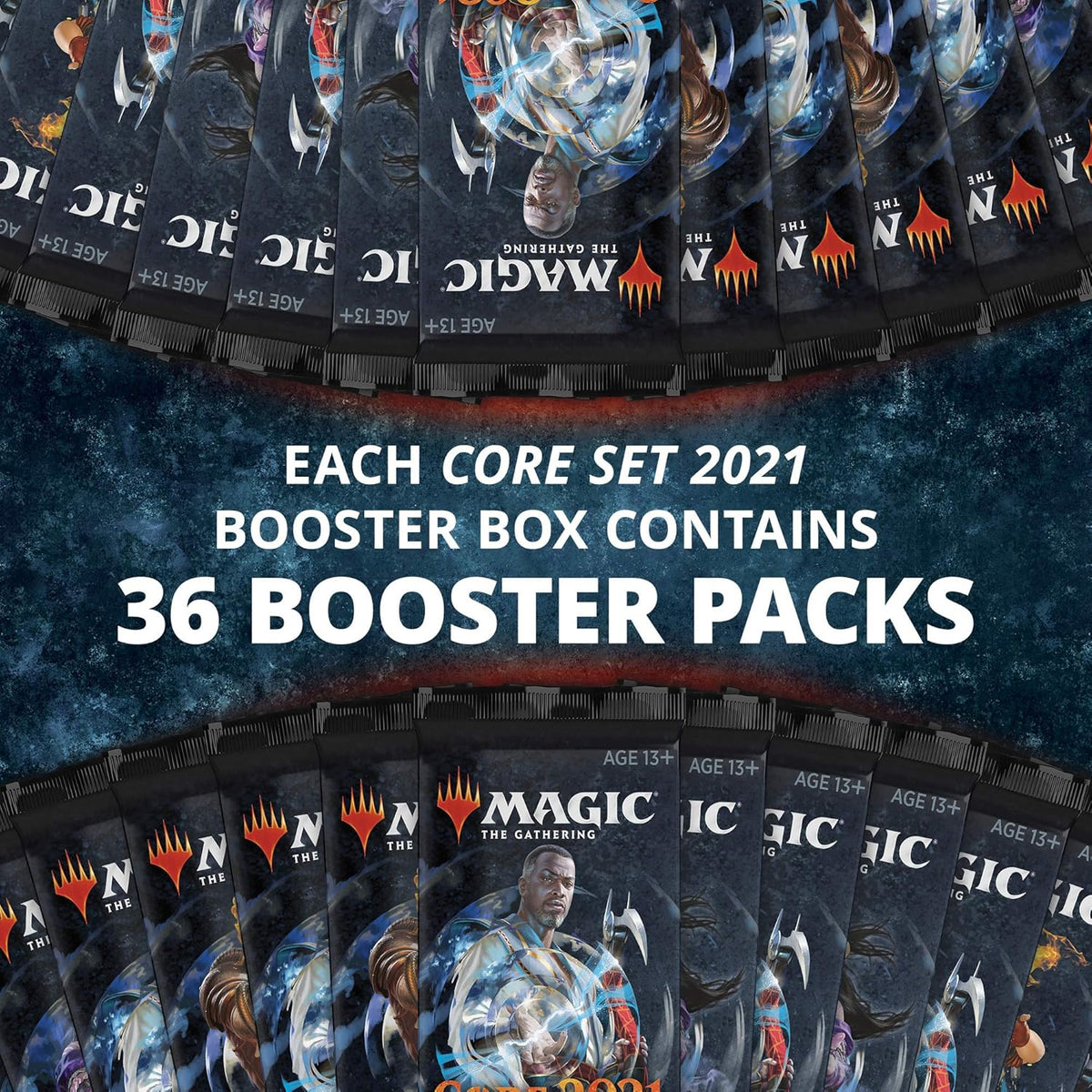 A fan-shaped display of Magic the Gathering: Core Set 2021 Booster Display by Wizards of the Coast, with text in the center reading, "Each box contains 36 booster packs.