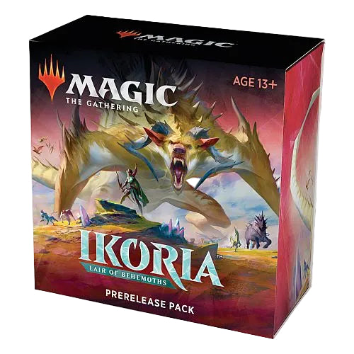 The Magic the Gathering: Ikoria: Lair of Behemoths Prerelease Pack by Wizards of the Coast features vibrant art of a horned, multi-limbed creature in a fantasy setting. Ideal for Sealed Deck play. Recommended for ages 13 and up.