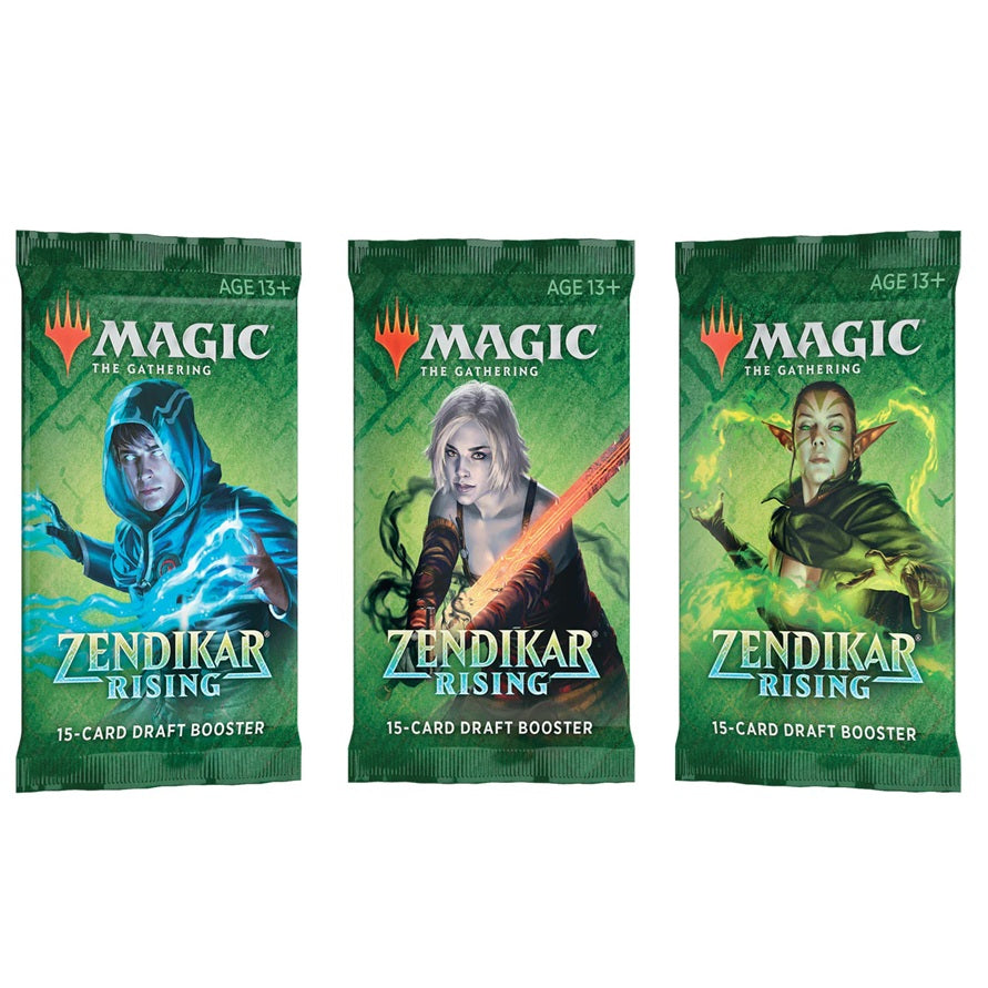 The Wizards of the Coast Magic the Gathering: Zendikar Rising Draft Booster Pack features set branding on a green background and contains 15 cards. Suitable for ages 13+.
