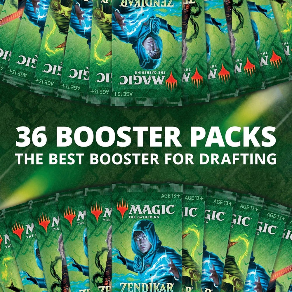 The Magic the Gathering: Zendikar Rising Draft Booster Display by Wizards of the Coast features fantasy artwork, is ideal for draft or sealed play, and is labeled for ages 13 and up.