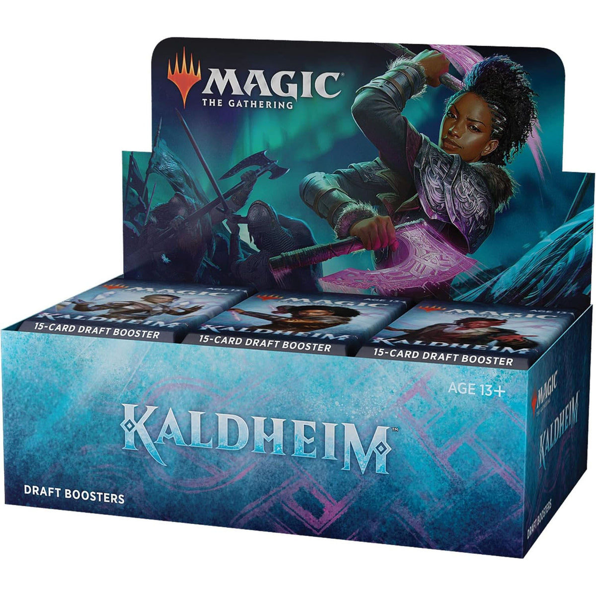 The Magic the Gathering: Kaldheim Draft Booster Display by Wizards of the Coast, inspired by nordic mythology, features a warrior with a glowing axe and shield and includes multiple booster packs; for ages 13+.