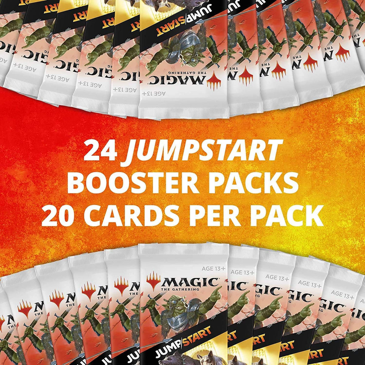 The Magic the Gathering: Jumpstart Booster Display by Wizards of the Coast features fantasy art with goblins, wolves, and dogs in action—an ideal addition for collectors seeking unique Magic kort.