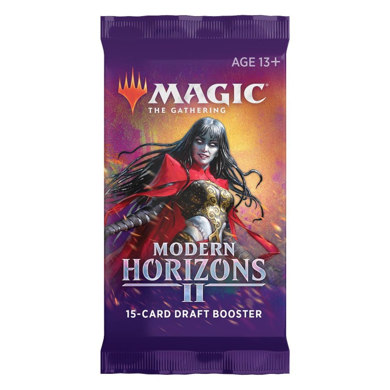 A sealed Magic the Gathering: Modern Horizons II Draft Booster pack by Wizards of the Coast, featuring fantasy armor artwork and bold white and orange text on the front.