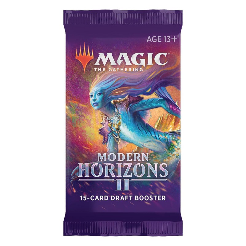 A sealed Magic the Gathering: Modern Horizons II Draft Booster by Wizards of the Coast with fantasy art on the pack. The packaging indicates it is suitable for ages 13 and up.