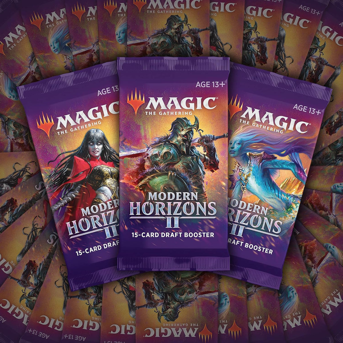 Wizards of the Coast Magic the Gathering: Modern Horizons II Draft Booster Display features vibrant fantasy artwork of an armored warrior with a glowing sword; packaging notes it’s suitable for ages 13 and up.