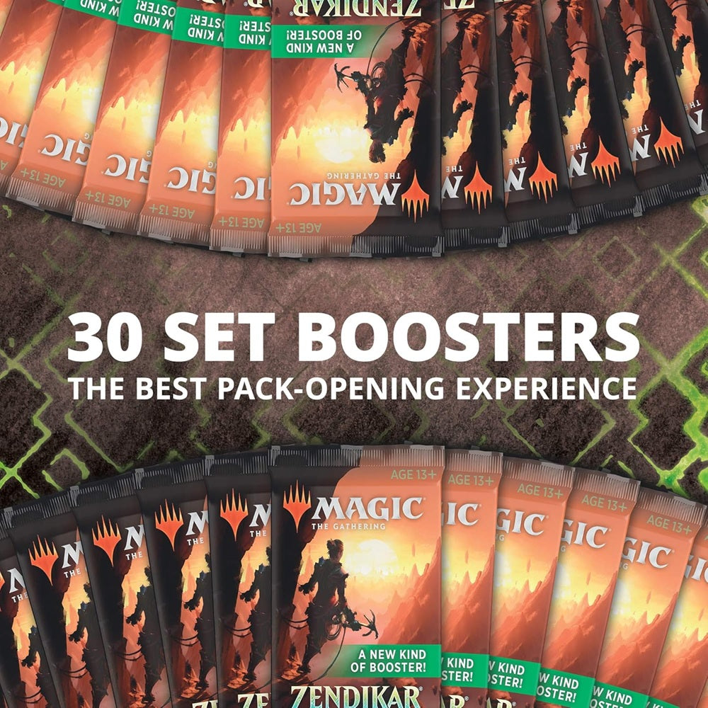 Wizards of the Coast Magic the Gathering: Zendikar Rising Set Booster Display features booster packs with striking cliffside art and the Zendikar Rising logo—ideal for collectors seeking standout value.