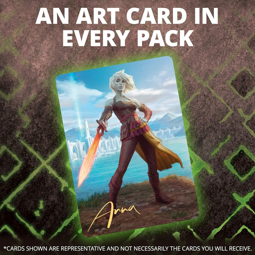 A fantasy art card from the Magic the Gathering: Zendikar Rising Set Booster Display by Wizards of the Coast depicts a white-haired woman with a glowing sword near water, city, and mountains. Signed “Anna” for extra samlerværdi. An art card in every pack.
