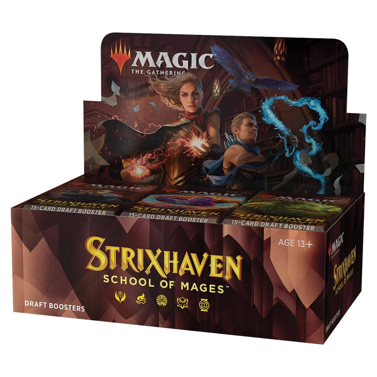 The Magic the Gathering: Strixhaven School of Mages Draft Booster Display by Wizards of the Coast features fantasy spellcasters and the Strixhaven logo. Includes draft boosters; suitable for ages 13+.