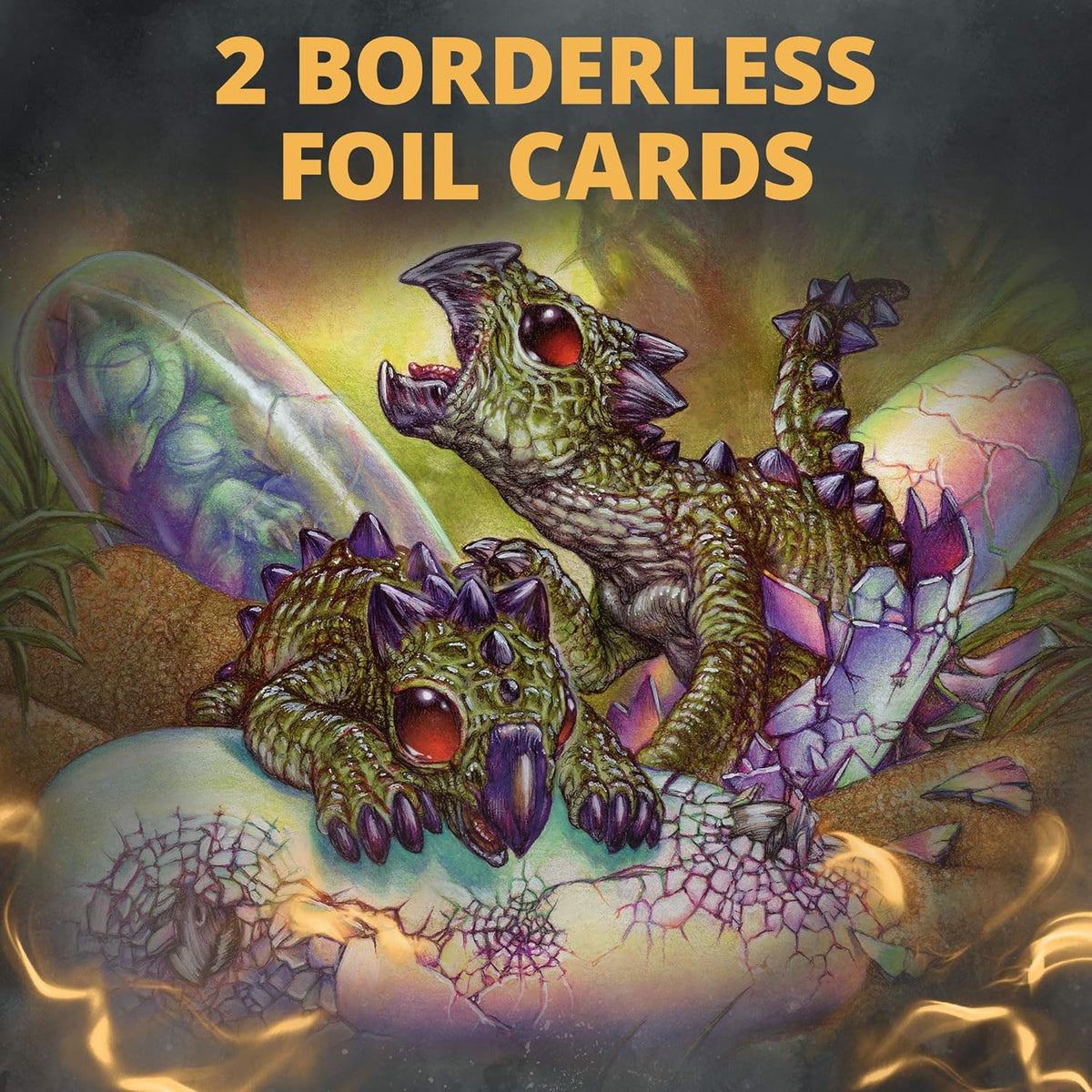 Two dragon-like hatchlings with green scales and purple spikes emerge from eggs as bold yellow text reveals 2 borderless foil cards from the Magic the Gathering: Double Masters VIP Edition Pack by Wizards of the Coast, all amid a magical backdrop.