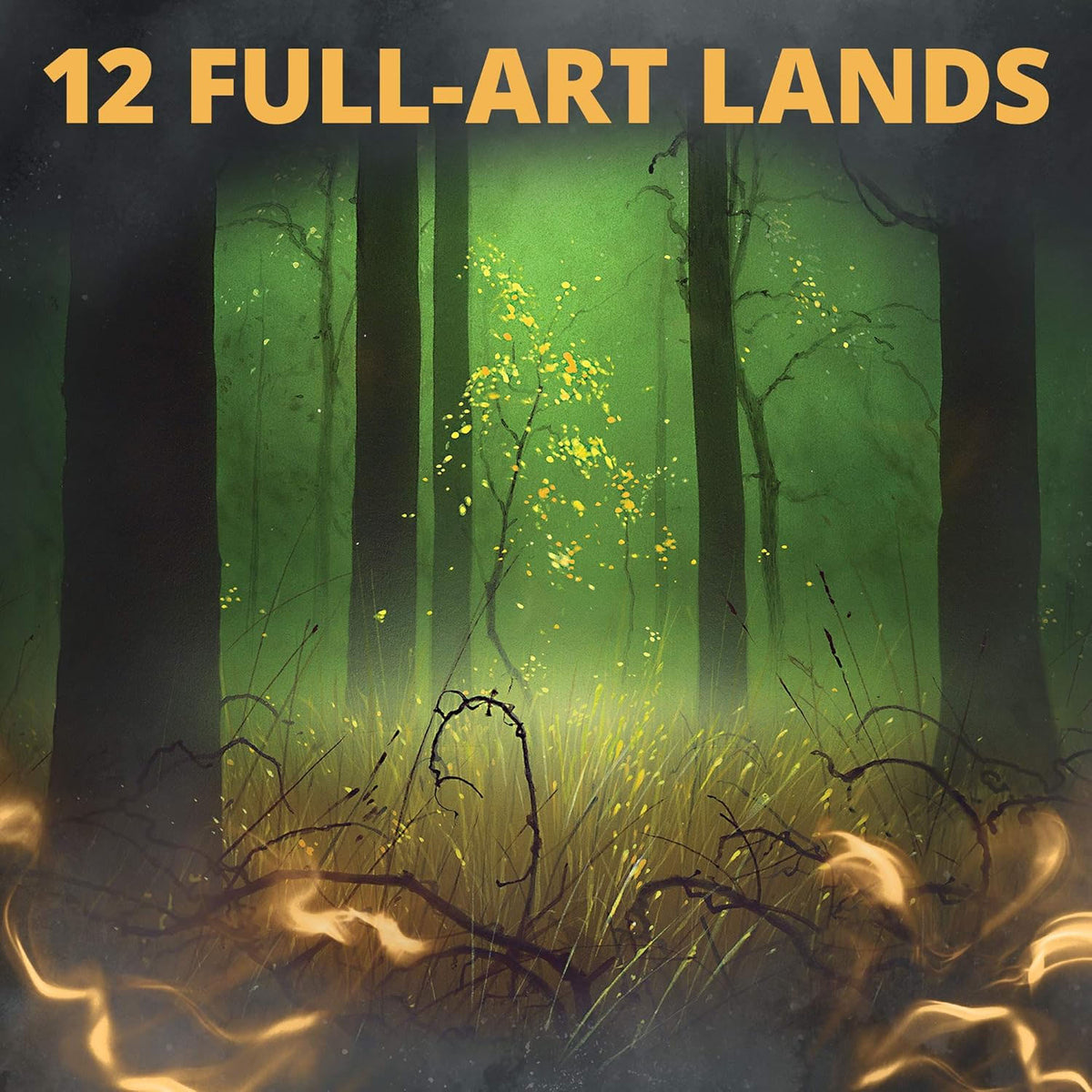 A mystical forest scene with tall, dark trees and glowing yellow specks among green foliage. Bold yellow text at the top reads 12 FULL-ART LANDS, inspired by Wizards of the Coast's Magic the Gathering: Double Masters VIP Edition Pack.