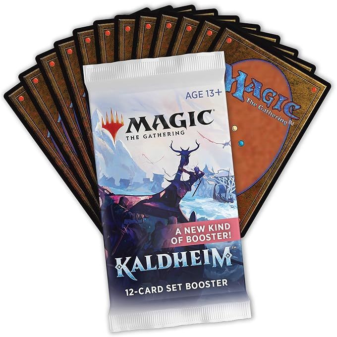 A Magic the Gathering: Kaldheim Set Booster Display by Wizards of the Coast is shown in front of fanned-out card backs, capturing the set’s thrilling Nordic fantasy vibe.