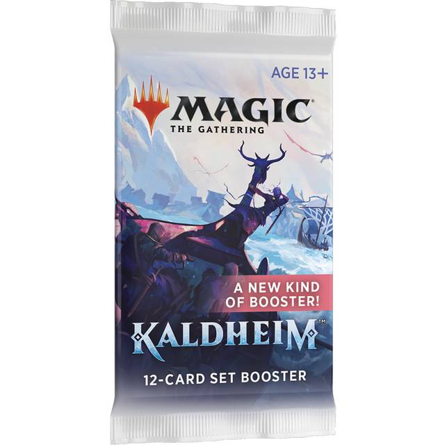 The Wizards of the Coast Magic the Gathering: Kaldheim Set Booster features 12 cards, Viking-themed art with icy mountains and a horned ship, plus text: “A new kind of booster!” and “Age 13+.”.