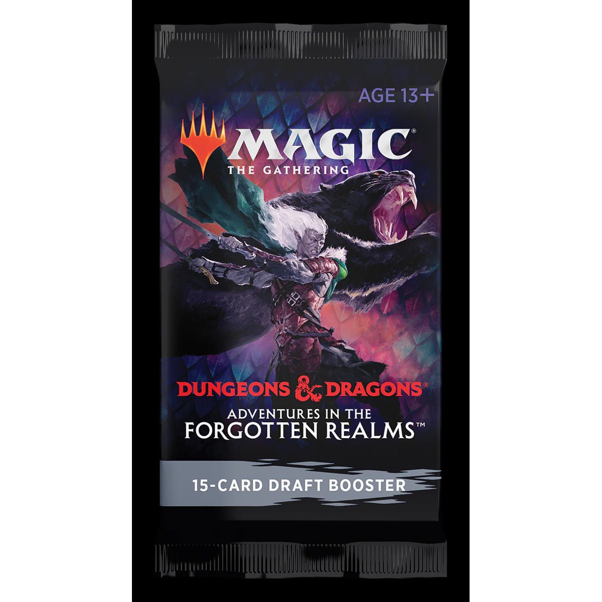 The Wizards of the Coast Magic the Gathering: D&D Adventures in the Forgotten Realms Draft Booster includes 15 cards, features warrior and dragon artwork, and is labeled for ages 13+.